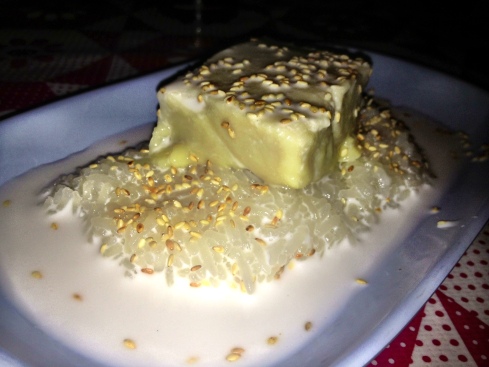 Durian custard with coconut milk and sticky rice.