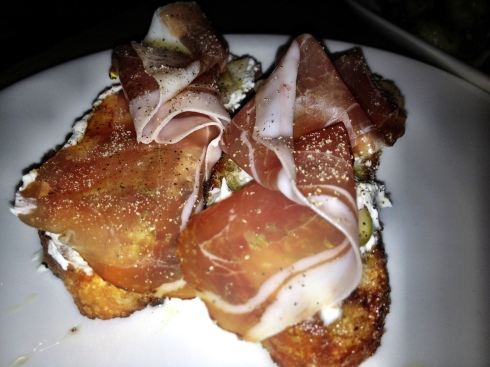 Robiola, speck, pear, and honey crostini at Red Gravy in Brooklyn Heights.