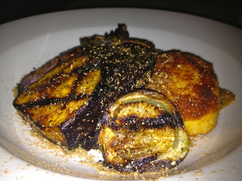 A trio of eggplants--Thai, Chinese, and Italian--is elevated with fried goat cheese and caramelized onions. 