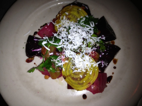 Wood-roasted beets are elevated with pistachios, aged ricotta, and the kicker--house-pickled hot peppers. This is one of the most unusual, impressive beet salads we've had the opportunity to taste.