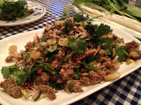 Not as satisfying as the steak salad, but a lot more unique is this Laap Pet Isaan. This chopped duck salad (including duck liver and skin!) is redolent with lemongrass, dried chilies, lime juice, and fish sauce. It's spicy-as-hell, and thankfully, served with phak sot, an assortment of pickled vegetables for munching in between (mouth-watering) bites.