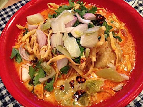 Khao Soi Kai is a Chiang Mai specialty with Chinese origins, but it reminds me of some of that comforting Vietnamese chicken curry available to those fortunate enough to live in Little Saigon. The curry paste-coconut milk combo is hearty without being decadent, and the mustard greens and shallots add a bite of verdancy to the dish.